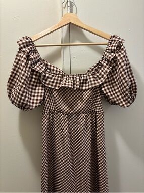 Miss Selfridge Brown and White Gingham Puff Sleeve Maxi Dress